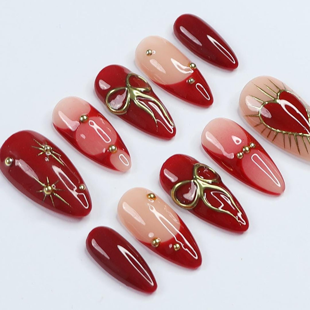 Valentine Elegance, Dark Red Press-On Nails with Heart Designs & Golden Gems - Perfect Holiday Accessory or a Gift for Her
