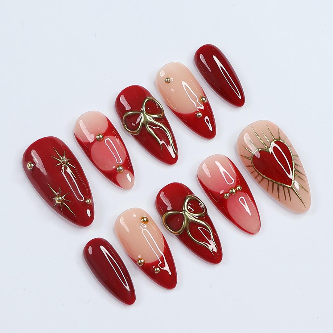 Valentine Elegance, Dark Red Press-On Nails with Heart Designs & Golden Gems - Perfect Holiday Accessory or a Gift for Her