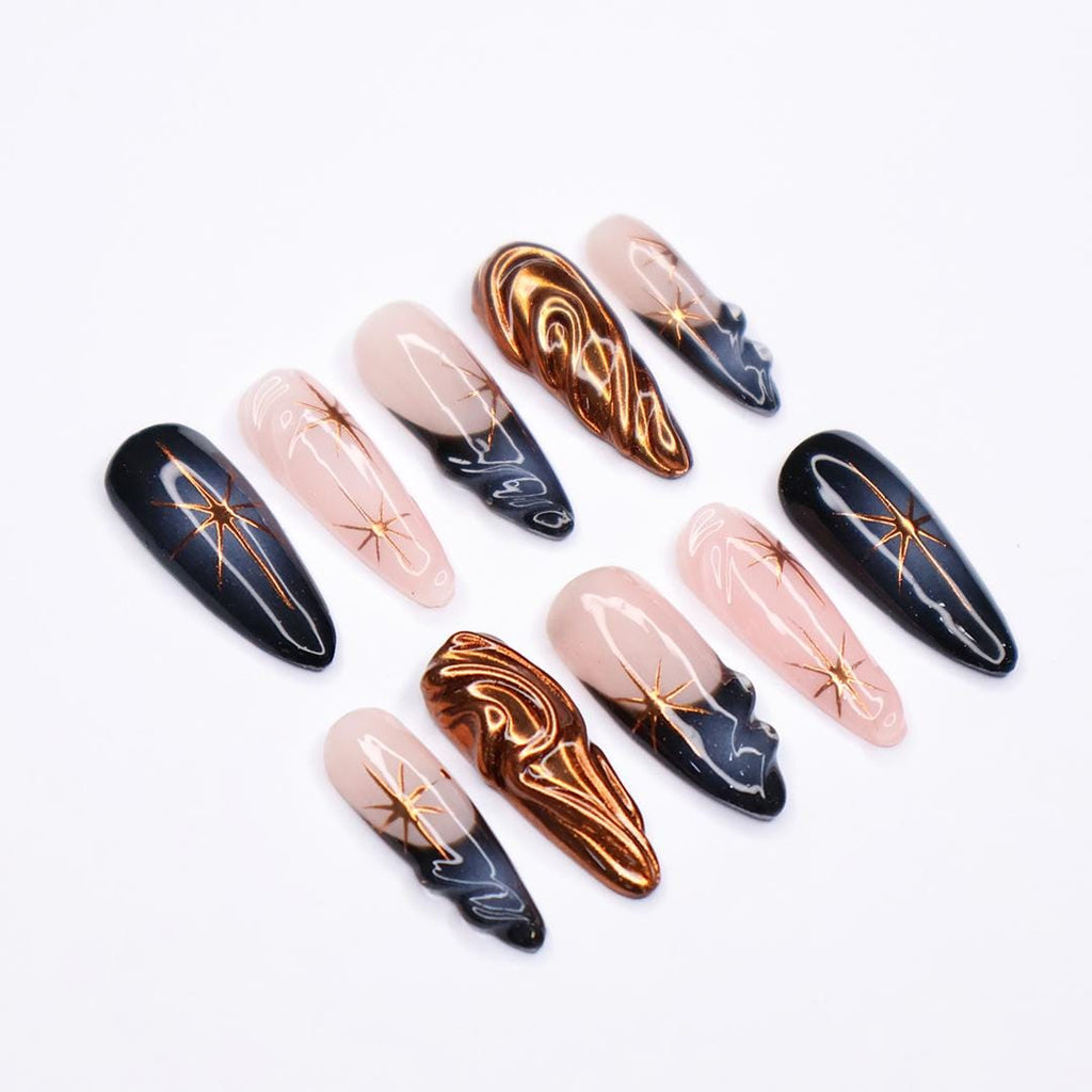 Elevate Your Glam: Long Almond Copper Chrome Press-On Nails with Twinkle Star Accents, Deep Aura Vibes, and Chic French Tips