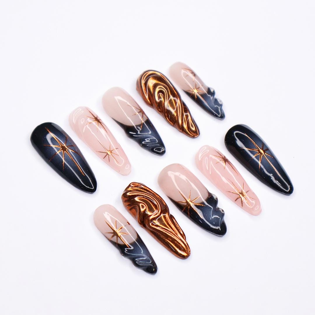 Elevate Your Glam: Long Almond Copper Chrome Press-On Nails with Twinkle Star Accents, Deep Aura Vibes, and Chic French Tips