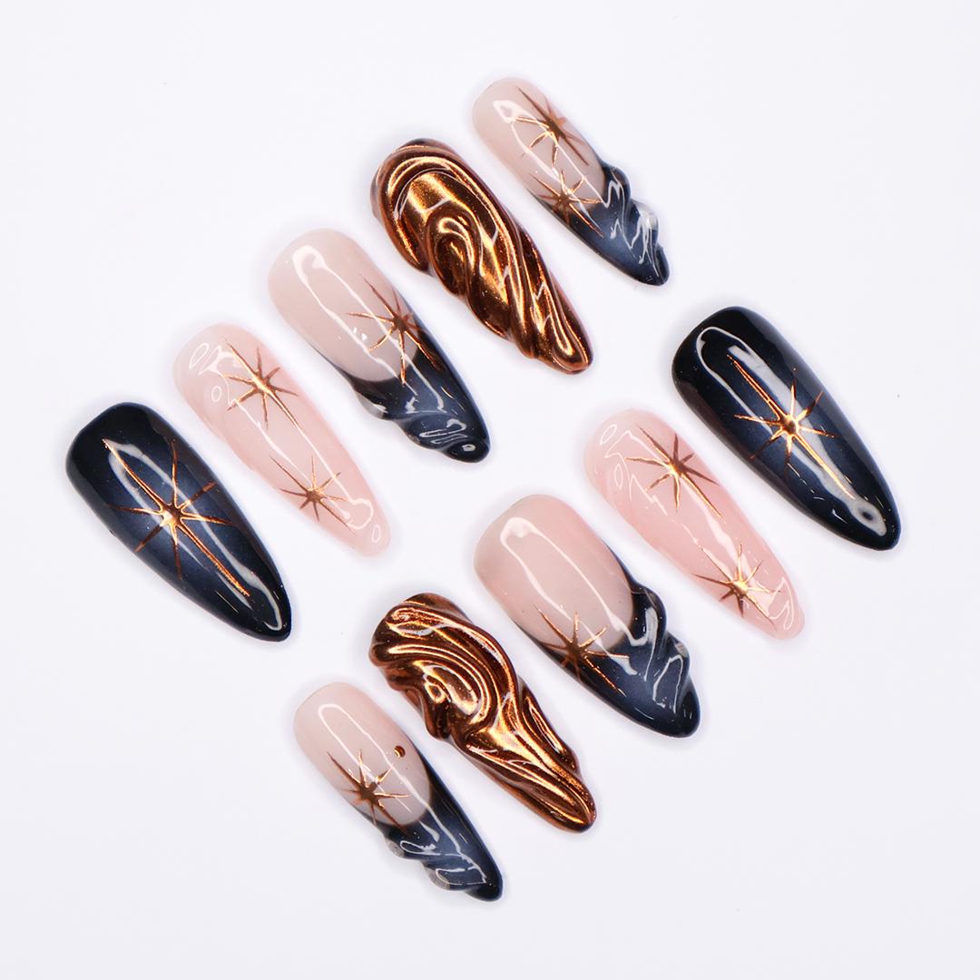 Elevate Your Glam: Long Almond Copper Chrome Press-On Nails with Twinkle Star Accents, Deep Aura Vibes, and Chic French Tips