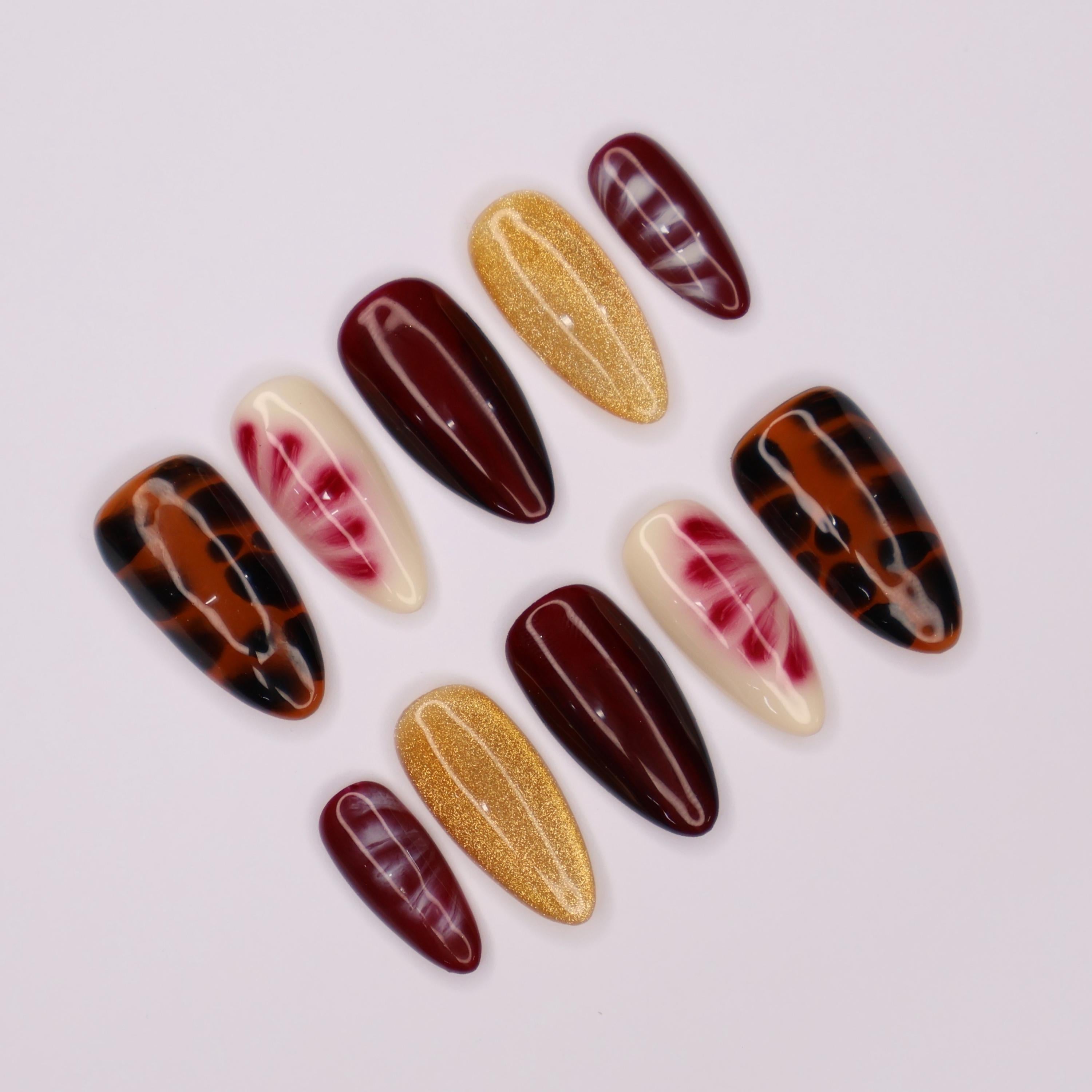Blooming Brown Elegance, Medium Almond Press-On Nails with Gold Glitter - Perfect for Fall Season, Daily, Holiday or Gift for Her