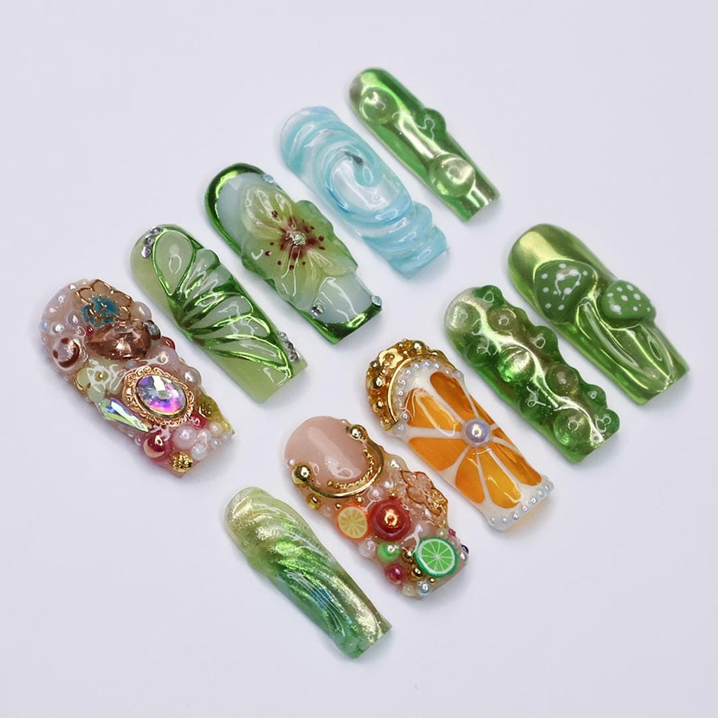 Enchanting Fairy Nail, Long Square Design Featuring Butterfly, Flower, Mushroom, Orange Accents and Gems - Perfect for Photoshoots & Events