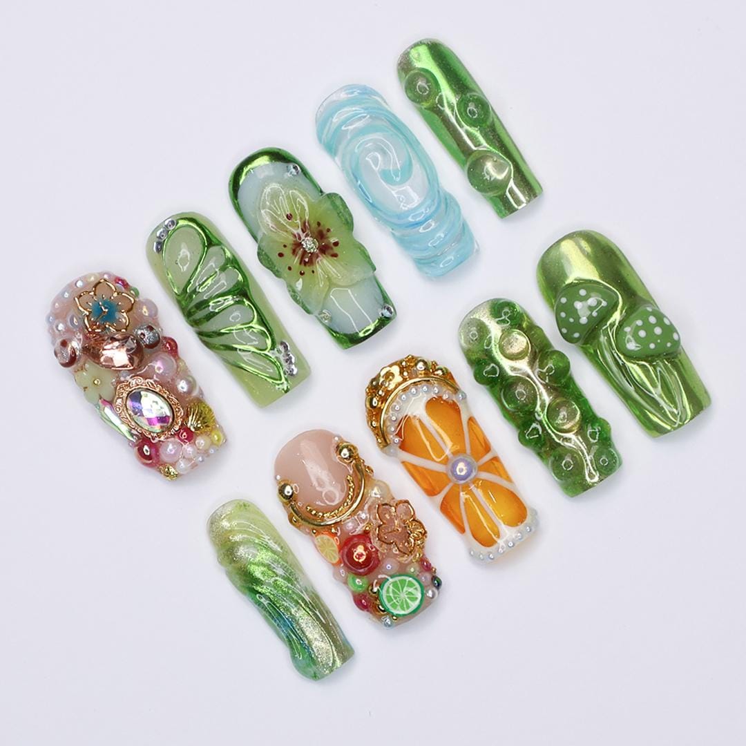 Enchanting Fairy Nail, Long Square Design Featuring Butterfly, Flower, Mushroom, Orange Accents and Gems - Perfect for Photoshoots & Events