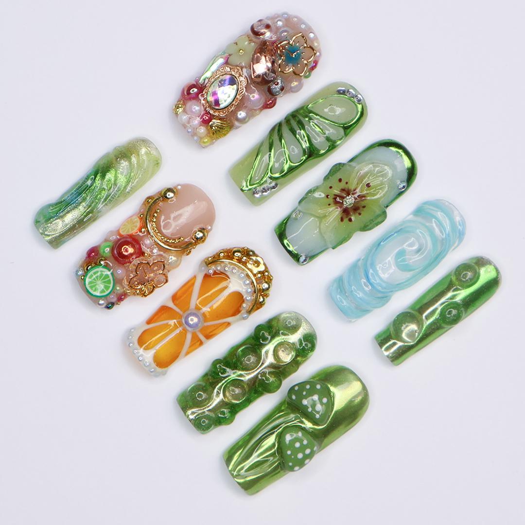 Enchanting Fairy Nail, Long Square Design Featuring Butterfly, Flower, Mushroom, Orange Accents and Gems - Perfect for Photoshoots & Events