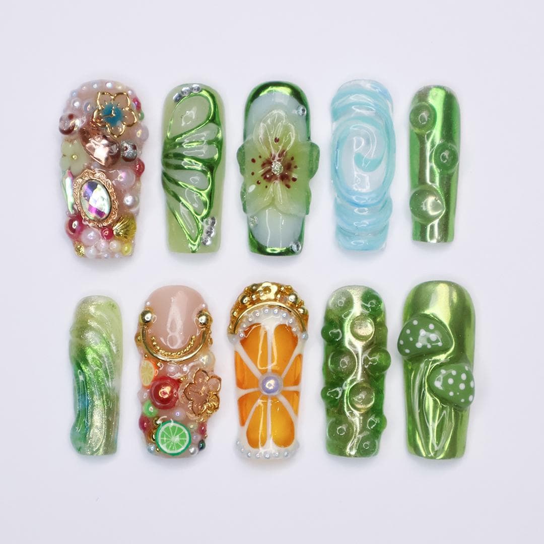Enchanting Fairy Nail, Long Square Design Featuring Butterfly, Flower, Mushroom, Orange Accents and Gems - Perfect for Photoshoots & Events