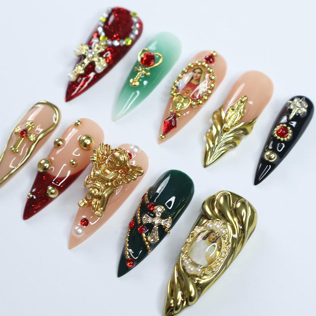 Christmas Press On Nails with Cross and Angel Accents, Virgin Mary Long Stiletto Nails in Red, Green, and Gold for Holiday, Gift for Her
