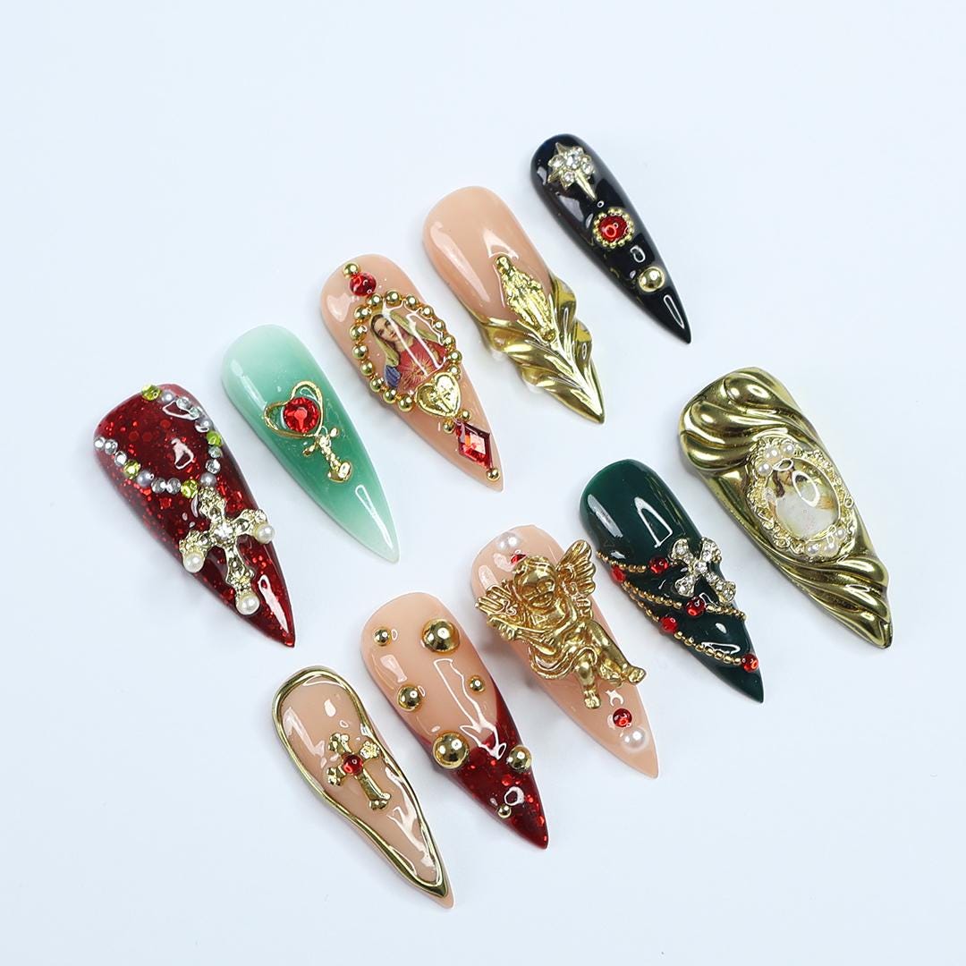 Christmas Press On Nails with Cross and Angel Accents, Virgin Mary Long Stiletto Nails in Red, Green, and Gold for Holiday, Gift for Her