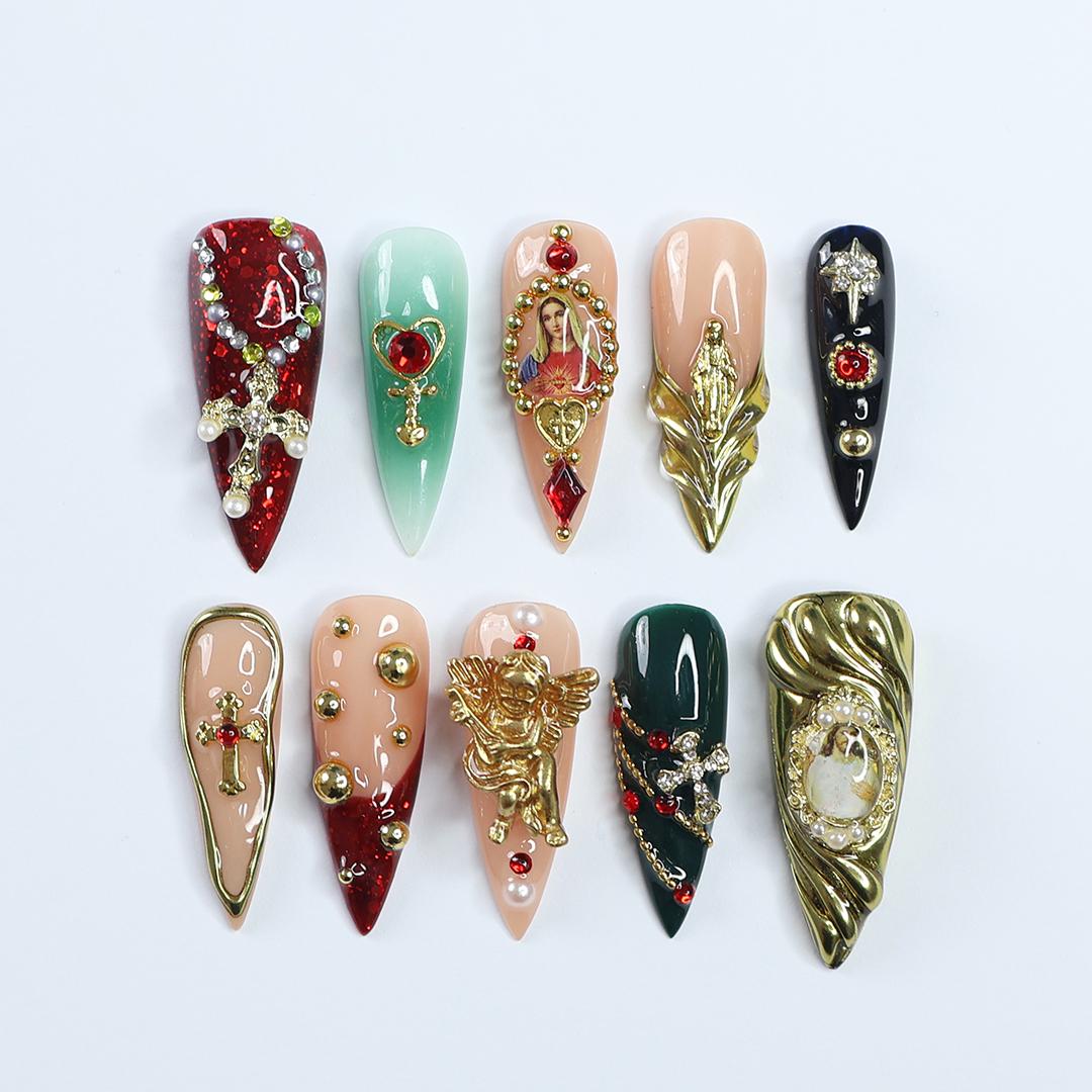 Christmas Press On Nails with Cross and Angel Accents, Virgin Mary Long Stiletto Nails in Red, Green, and Gold for Holiday, Gift for Her