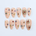 Festive Elegance: Medium Almond Press-On Nails with Colorful Gems and Gold Chrome Snow - Perfect for Christmas Nights and Gifts for Her