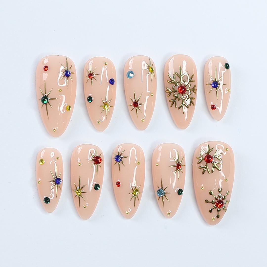 Festive Elegance: Medium Almond Press-On Nails with Colorful Gems and Gold Chrome Snow - Perfect for Christmas Nights and Gifts for Her