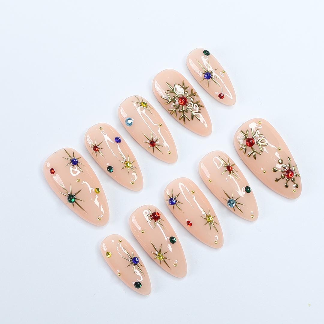 Festive Elegance: Medium Almond Press-On Nails with Colorful Gems and Gold Chrome Snow - Perfect for Christmas Nights and Gifts for Her