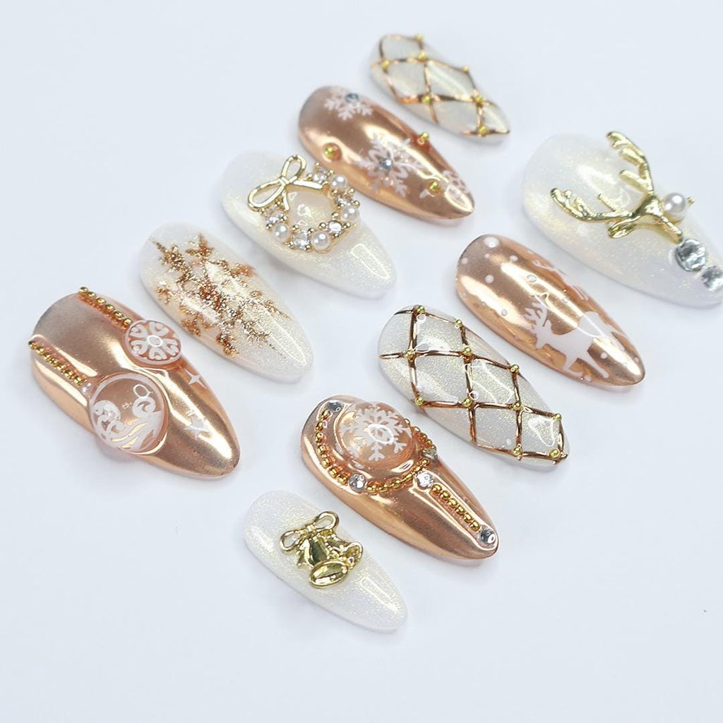 Festive Reindeer & Laurel Wreath Press-On Nails: Medium Almond Shape for a Holiday Vibe. Perfect Gift for Her This Christmas
