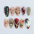 Festive 3D Christmas Tree & Reindeer Press-On Nails: Bright Colors to Celebrate a Cozy Christmas Night in Medium Almond Shape