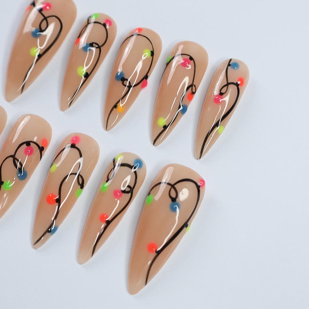 Colorful Lights Glow-In-The-Dark Christmas Long Stiletto Press On Nail - Luxurious XMas and Holiday Nail Art