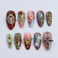 Stunning Medium Almond Press-On Nails: Bay Leaf & Angel Red with Gold Chrome - the perfect festive touch for Christmas or Gift for Her