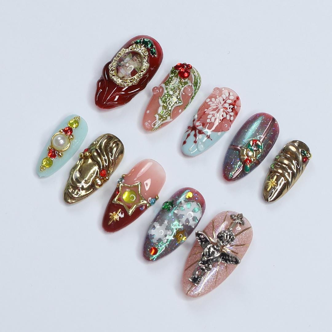 Stunning Medium Almond Press-On Nails: Bay Leaf & Angel Red with Gold Chrome - the perfect festive touch for Christmas or Gift for Her
