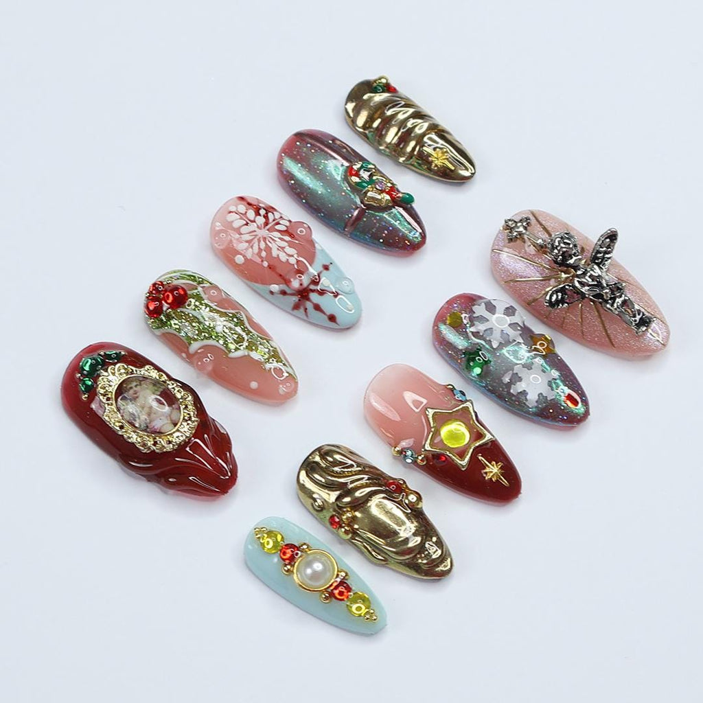 Stunning Medium Almond Press-On Nails: Bay Leaf & Angel Red with Gold Chrome - the perfect festive touch for Christmas or Gift for Her