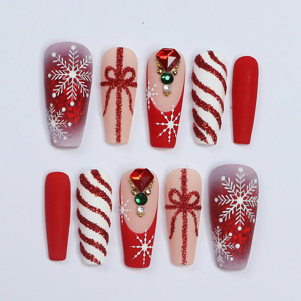 Elegant Long Coffin Press-On Nail, Yuletide Bliss with White Snow, Sparkling Gems, Red French Tip, Perfect for Christmas Day or Gift for Her