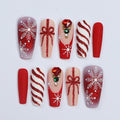 Elegant Long Coffin Press-On Nail, Yuletide Bliss with White Snow, Sparkling Gems, Red French Tip, Perfect for Christmas Day or Gift for Her