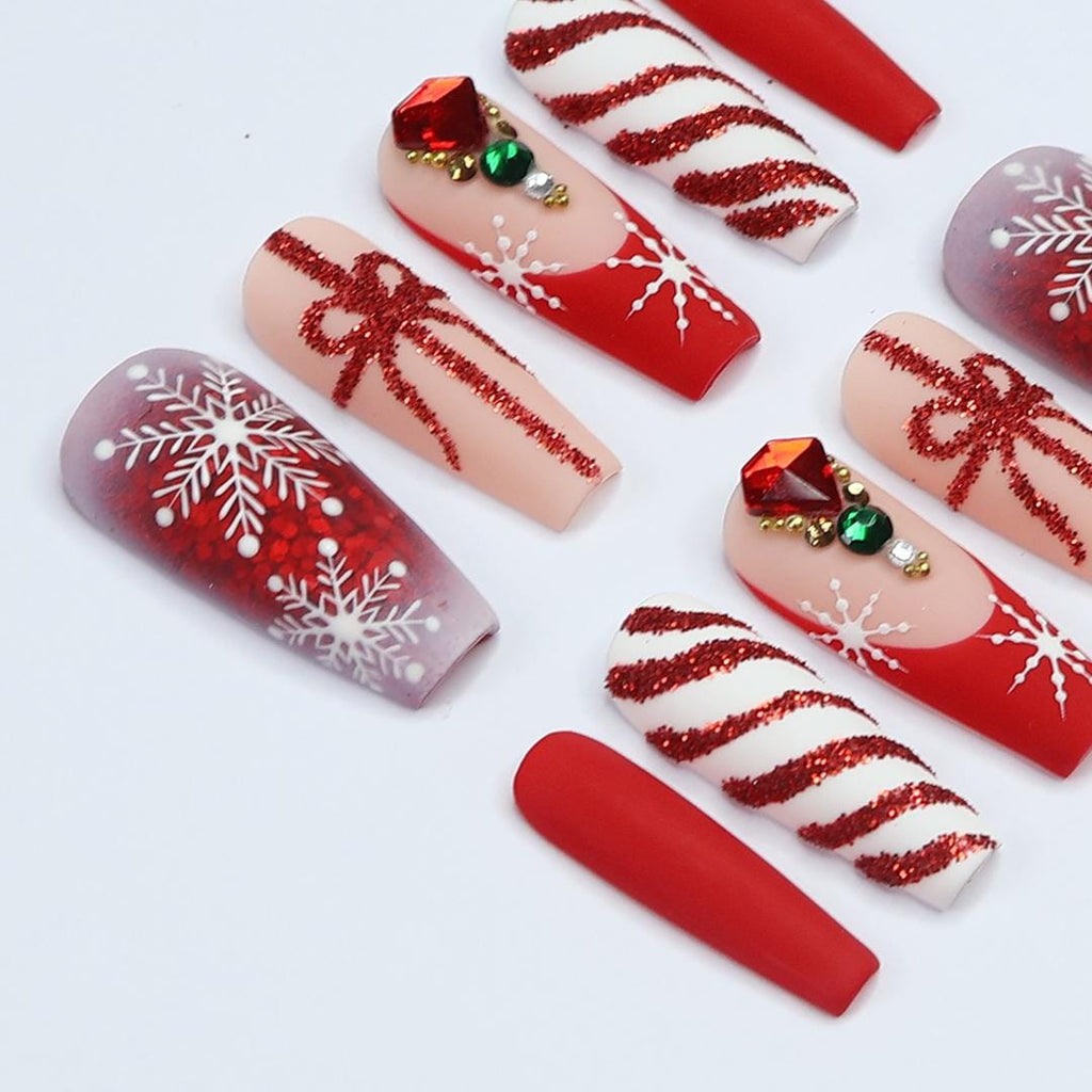 Elegant Long Coffin Press-On Nail, Yuletide Bliss with White Snow, Sparkling Gems, Red French Tip, Perfect for Christmas Day or Gift for Her