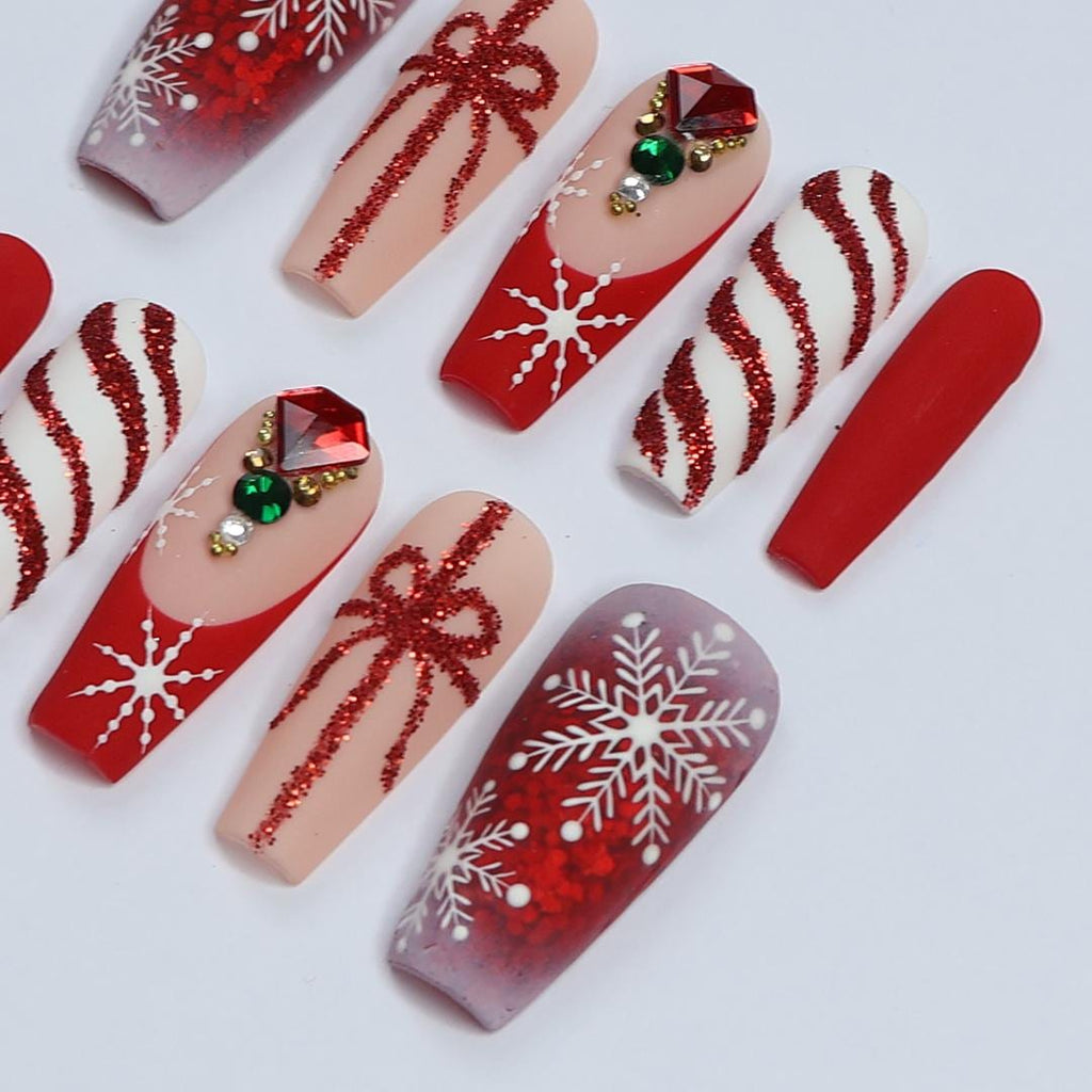 Elegant Long Coffin Press-On Nail, Yuletide Bliss with White Snow, Sparkling Gems, Red French Tip, Perfect for Christmas Day or Gift for Her