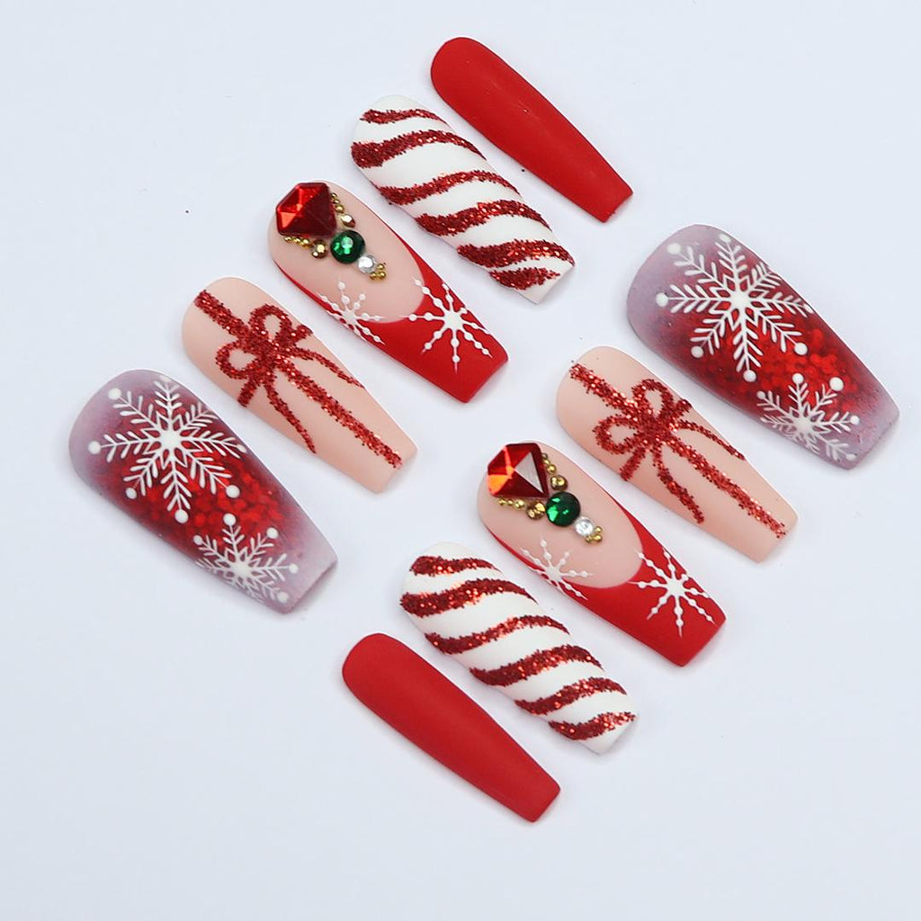 Elegant Long Coffin Press-On Nail, Yuletide Bliss with White Snow, Sparkling Gems, Red French Tip, Perfect for Christmas Day or Gift for Her