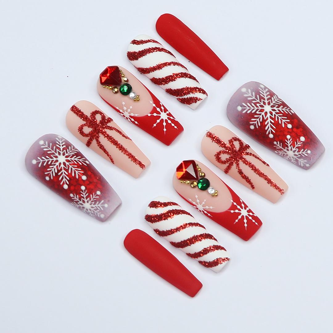 Elegant Long Coffin Press-On Nail, Yuletide Bliss with White Snow, Sparkling Gems, Red French Tip, Perfect for Christmas Day or Gift for Her