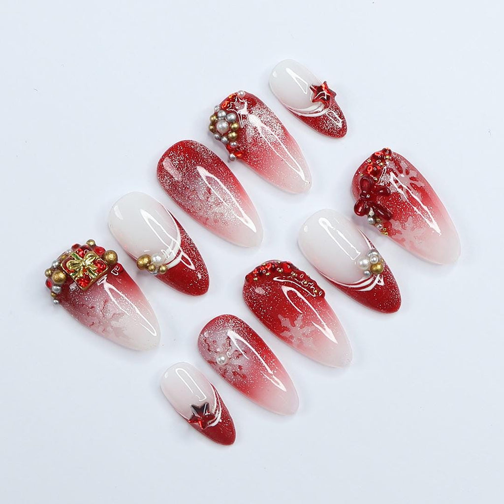 Elevate Holiday Glam with Glittering Sparkling Ombre Red & White Medium Almond Press-On Nails, Perfect for Christmas day or Gift for Her