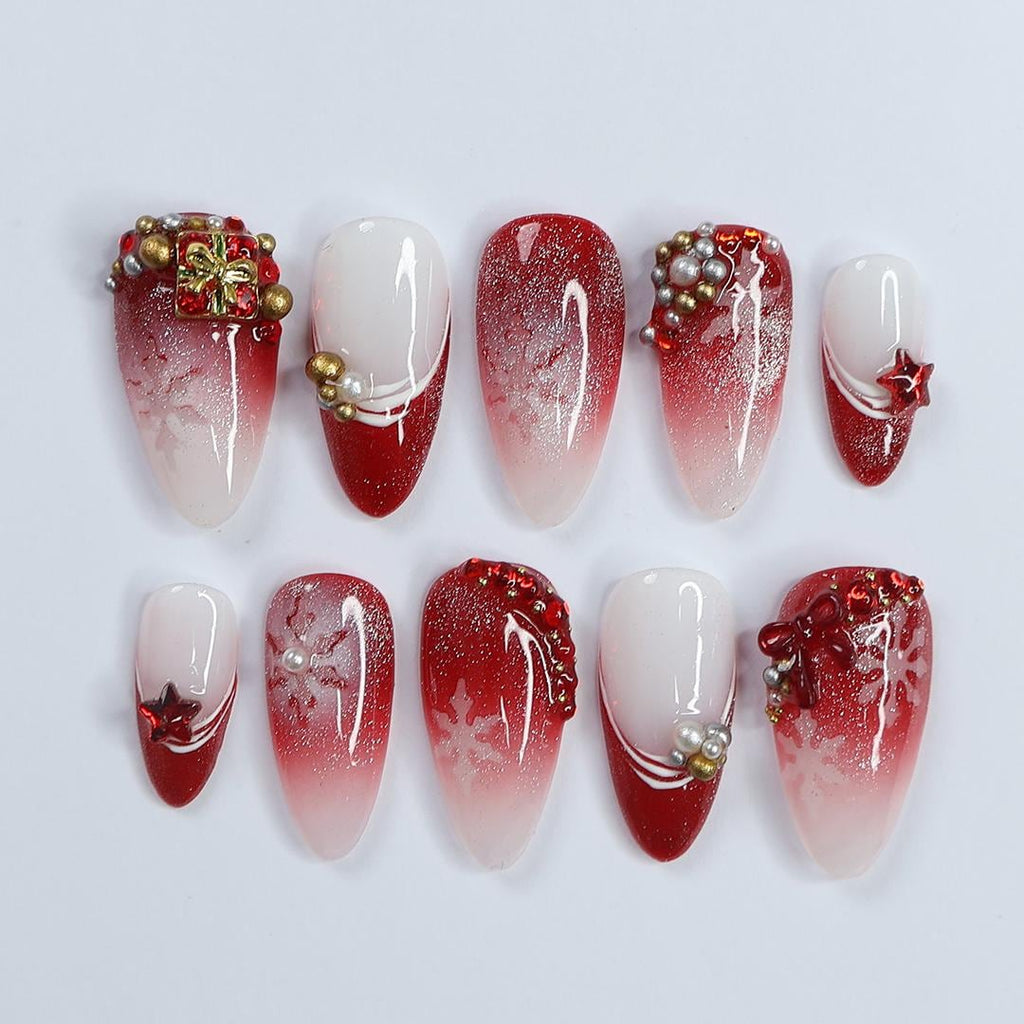 Elevate Holiday Glam with Glittering Sparkling Ombre Red & White Medium Almond Press-On Nails, Perfect for Christmas day or Gift for Her
