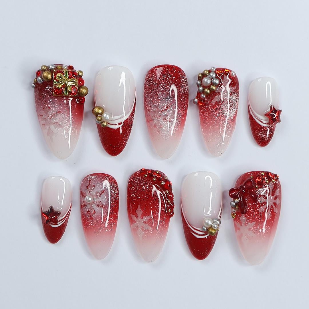 Elevate Holiday Glam with Glittering Sparkling Ombre Red & White Medium Almond Press-On Nails, Perfect for Christmas day or Gift for Her