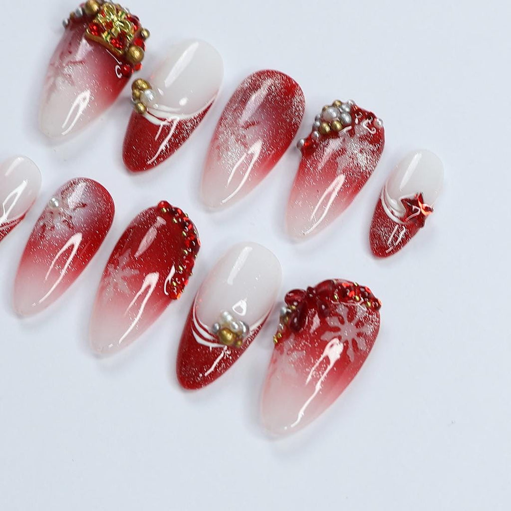 Elevate Holiday Glam with Glittering Sparkling Ombre Red & White Medium Almond Press-On Nails, Perfect for Christmas day or Gift for Her