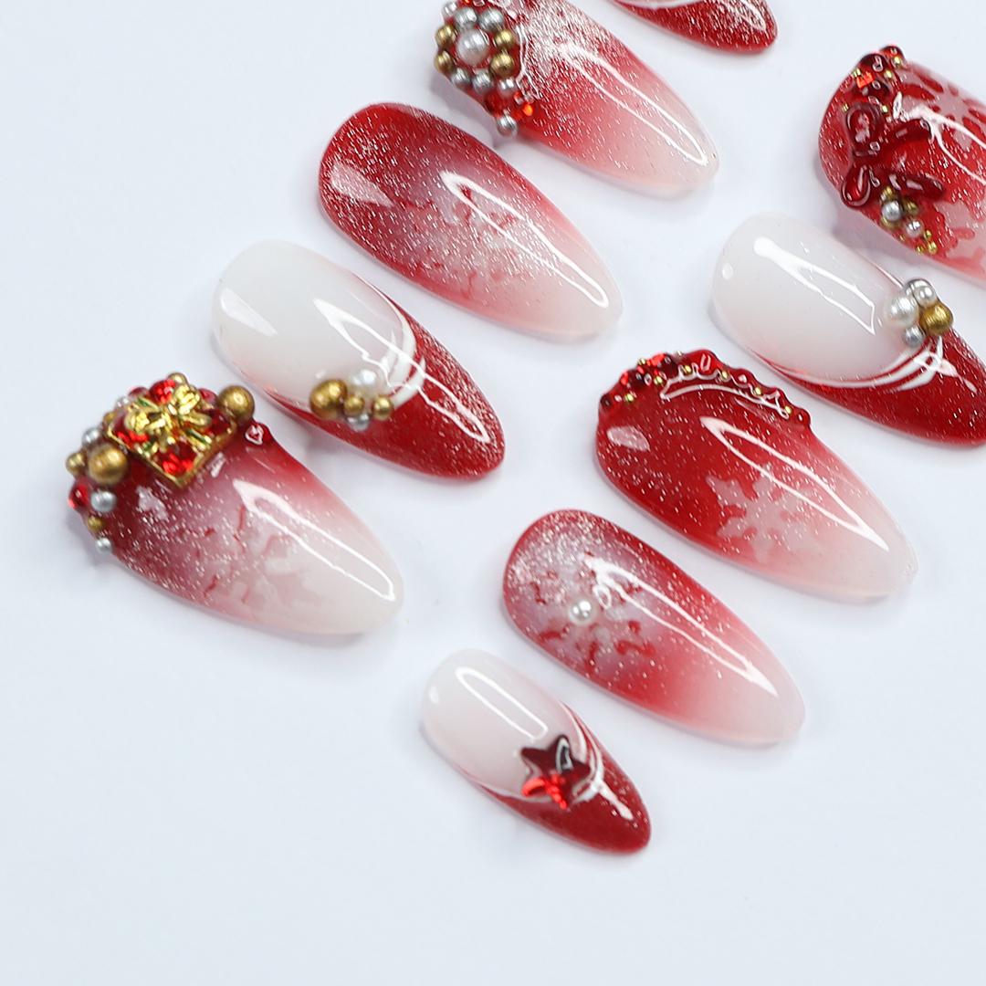 Elevate Holiday Glam with Glittering Sparkling Ombre Red & White Medium Almond Press-On Nails, Perfect for Christmas day or Gift for Her