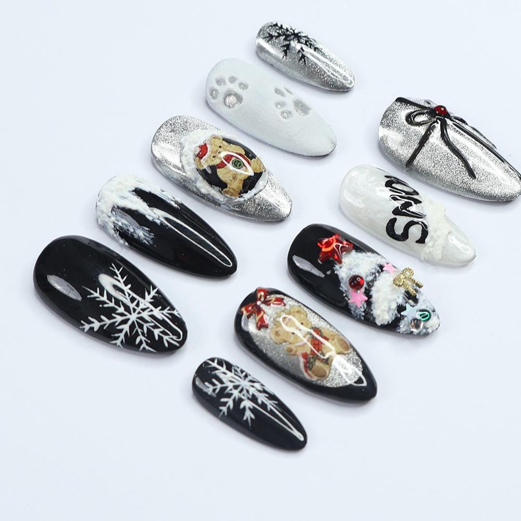 Elevate Your Holiday Style with Medium Almond Press-On Nails: Sleek Black Design Adorned with White Snowflakes - Perfect Christmas Gift