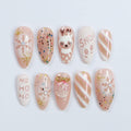 Christmas Press On Nails with Reindeer and Snowflake Art, Nude Medium Almond Holiday Nails, Elegance XMas Nails, Gift for Her