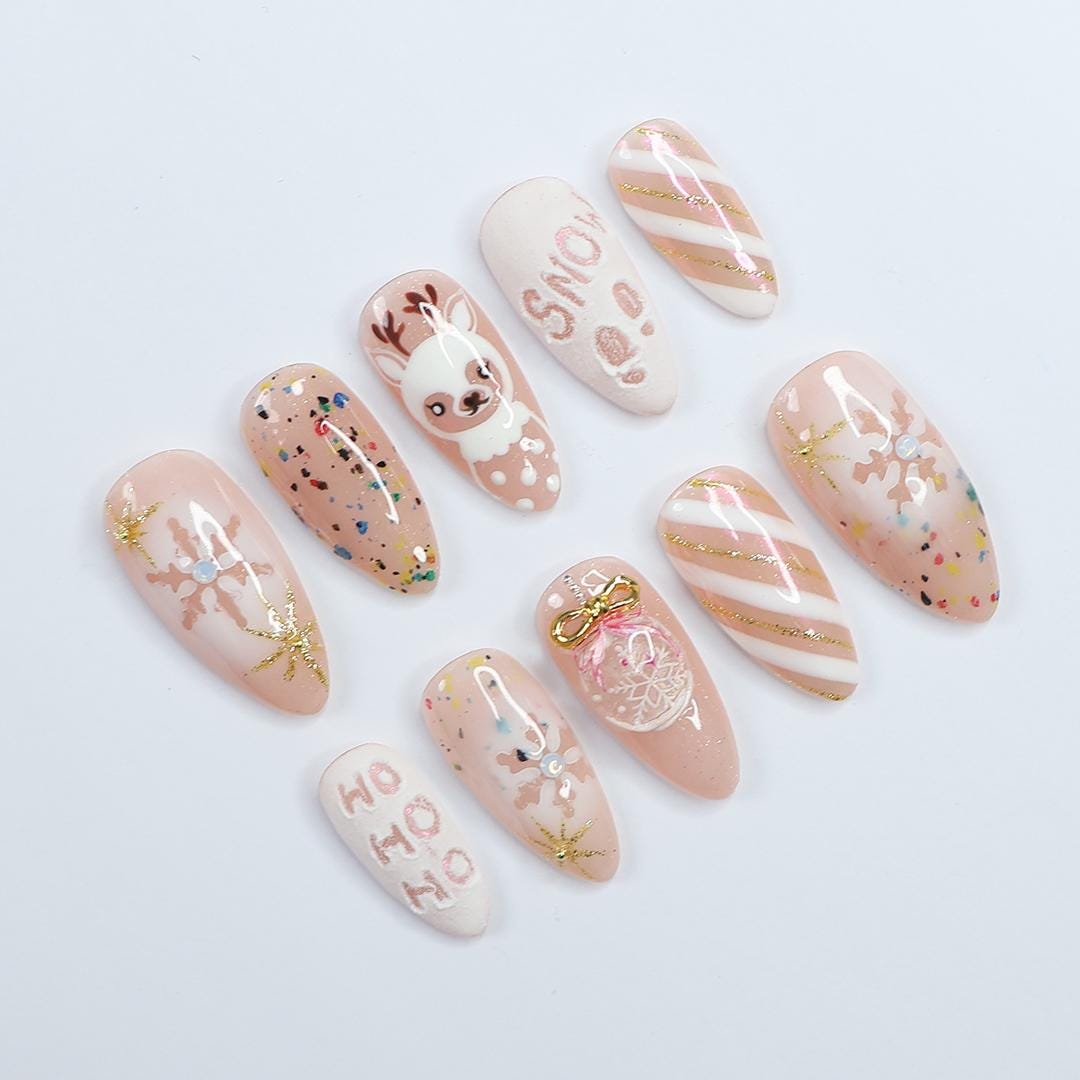 Christmas Press On Nails with Reindeer and Snowflake Art, Nude Medium Almond Holiday Nails, Elegance XMas Nails, Gift for Her