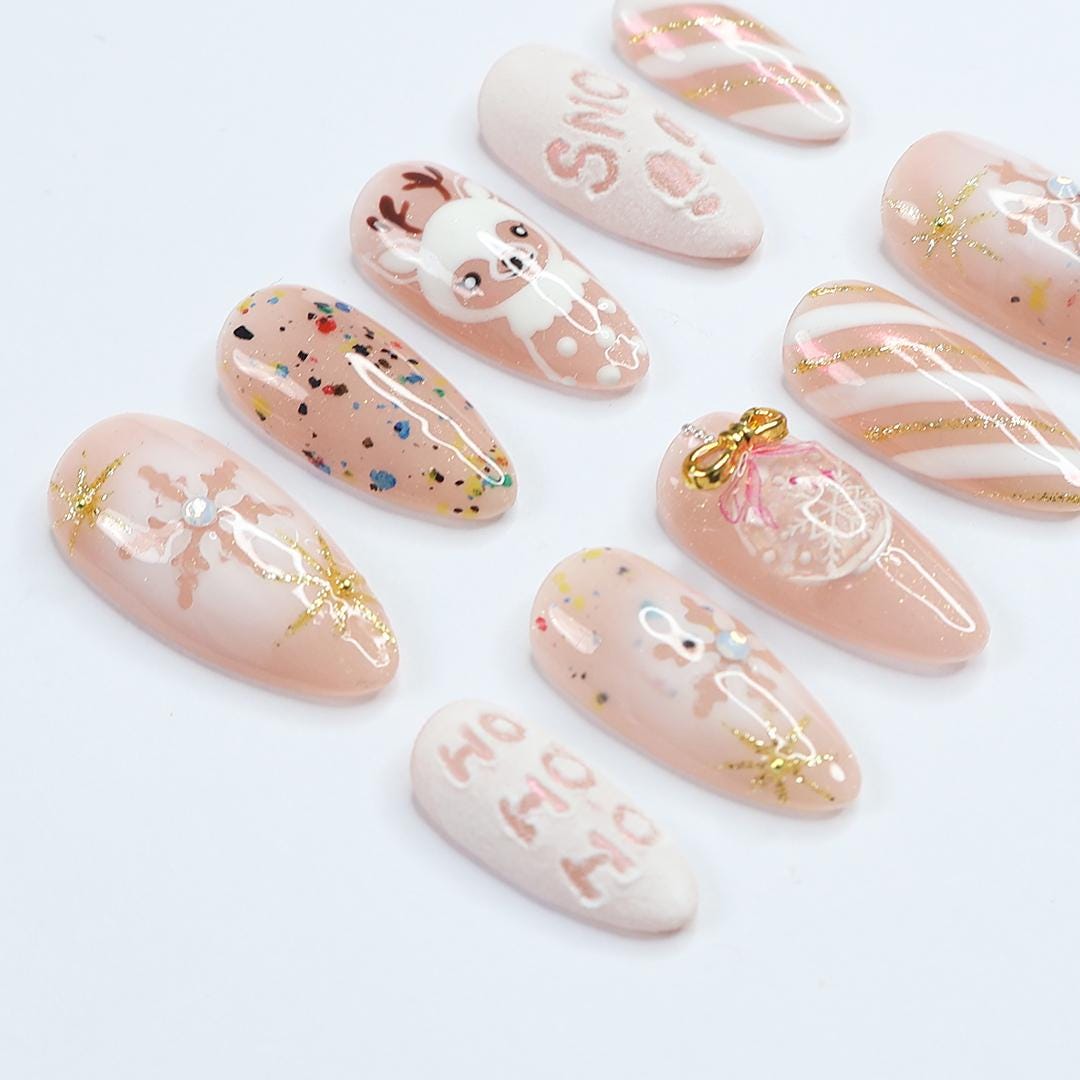 Christmas Press On Nails with Reindeer and Snowflake Art, Nude Medium Almond Holiday Nails, Elegance XMas Nails, Gift for Her