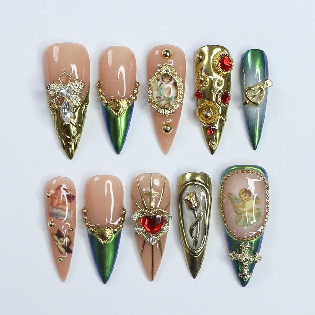 Elevate Holiday Glam Long Stiletto PressOn Nail in Chrome Aurora Green with Angel Design, Perfect Gift for Christmas or Special Occasion