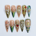 Elevate Holiday Glam Long Stiletto PressOn Nail in Chrome Aurora Green with Angel Design, Perfect Gift for Christmas or Special Occasion