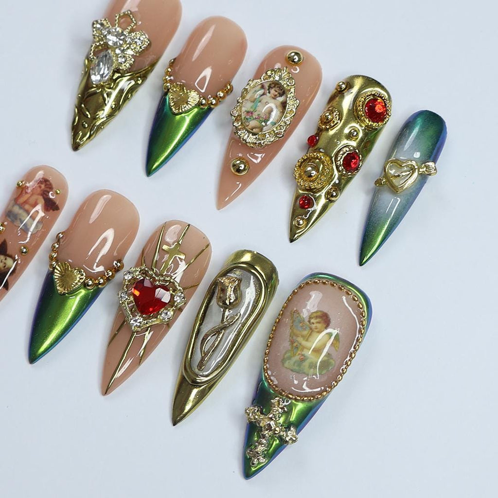 Elevate Holiday Glam Long Stiletto PressOn Nail in Chrome Aurora Green with Angel Design, Perfect Gift for Christmas or Special Occasion