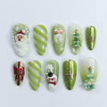 Festive Green Medium Almond Press-On Nails: Adorned with Santa Claus, Snowman Designs - Perfect for Christmas Day or Gift for Her