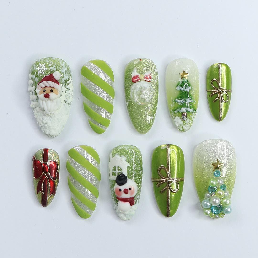 Festive Green Medium Almond Press-On Nails: Adorned with Santa Claus, Snowman Designs - Perfect for Christmas Day or Gift for Her