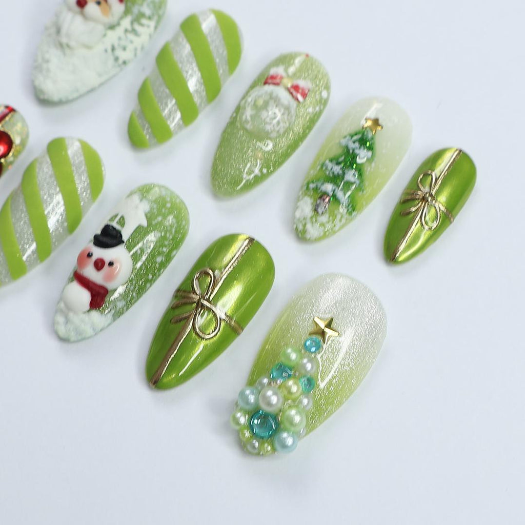 Festive Green Medium Almond Press-On Nails: Adorned with Santa Claus, Snowman Designs - Perfect for Christmas Day or Gift for Her