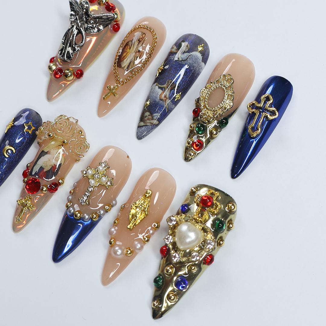 Stunning Long Almond Press-On Nails - 3D Gel Design Featuring Angel, Virgin Mary in Blue & Gold - Perfect for Christmas Day or Gift for Her