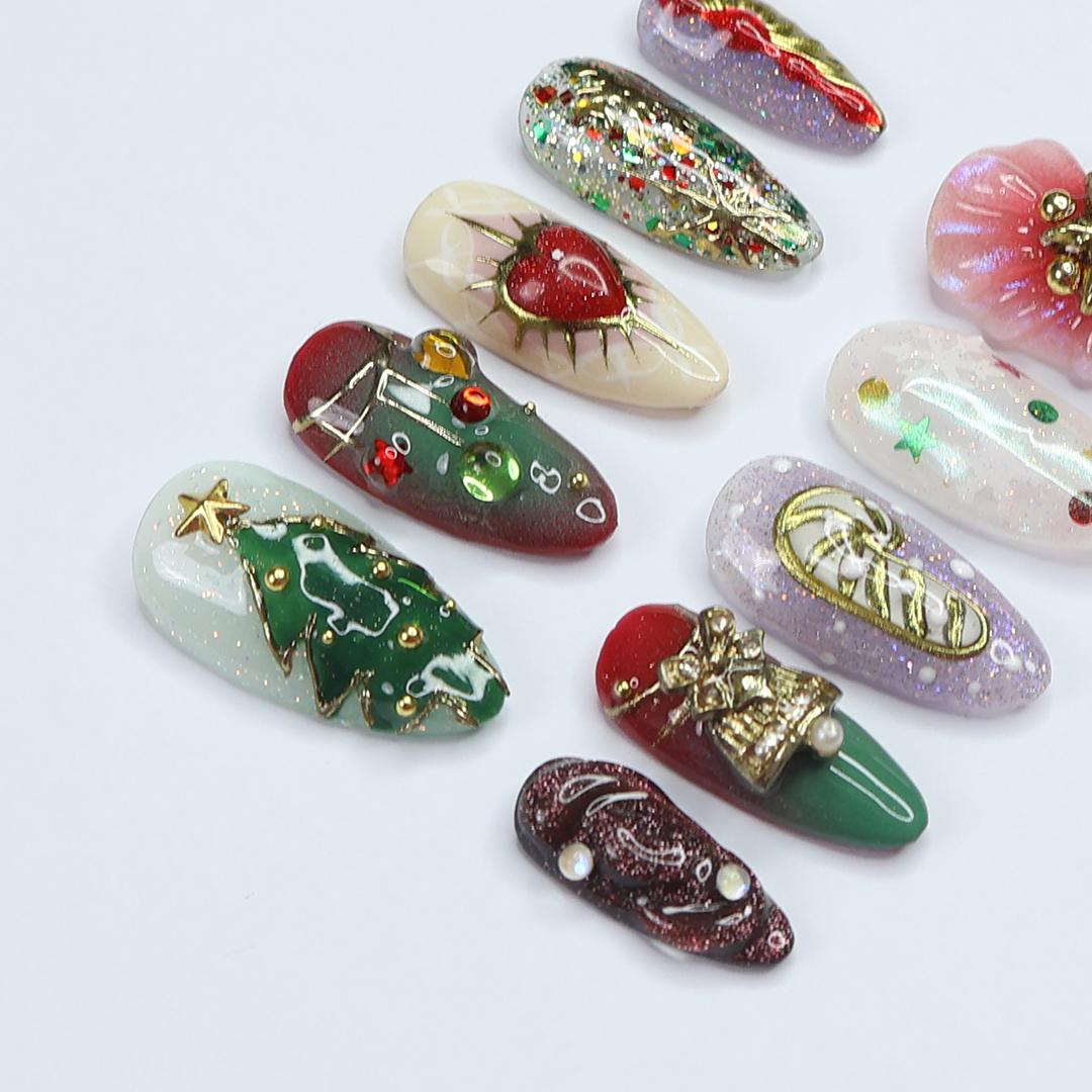 Unique Christmas Design Medium Almond Press On Nails - Luxurious Red & Green Holiday Nail Art , Gift for Her