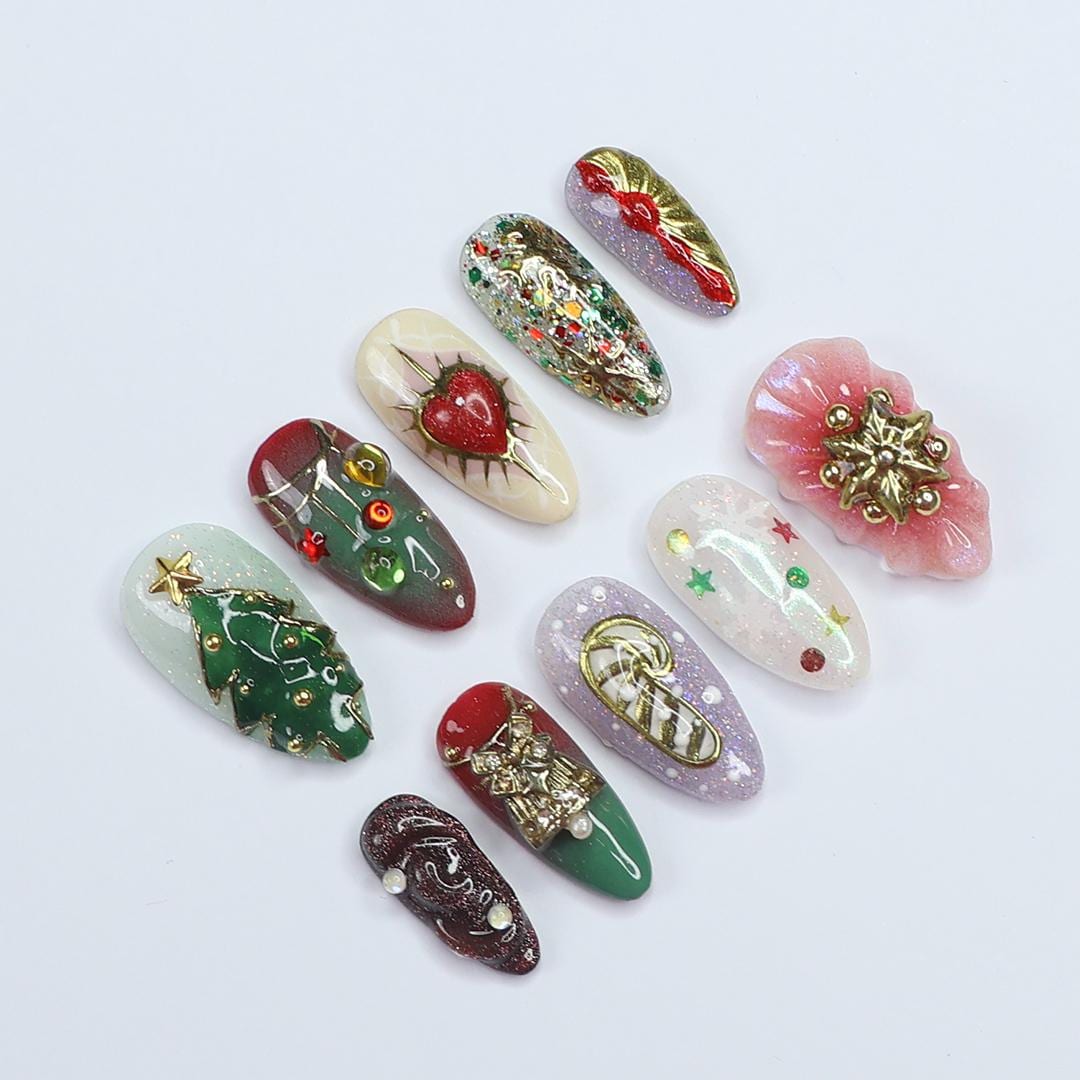 Unique Christmas Design Medium Almond Press On Nails - Luxurious Red & Green Holiday Nail Art , Gift for Her