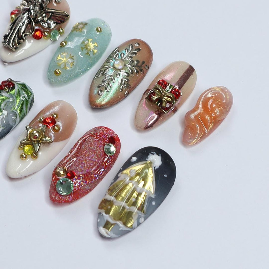 Unique Christmas Design Almond Press On Nail - Luxurious XMas and Holiday Nail Art, 3D Gel Winter Nails Design