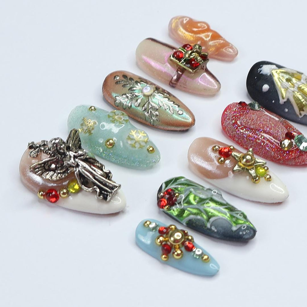 Unique Christmas Design Almond Press On Nail - Luxurious XMas and Holiday Nail Art, 3D Gel Winter Nails Design