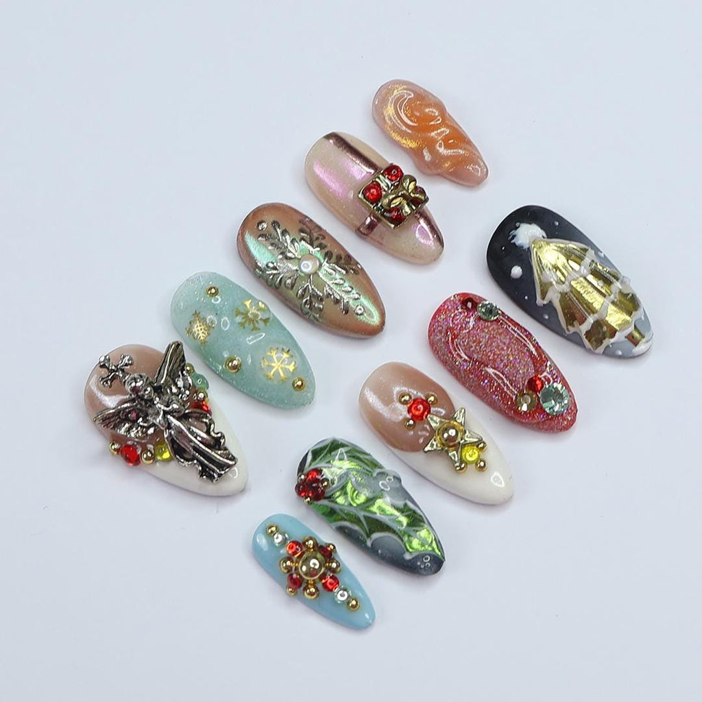 Unique Christmas Design Almond Press On Nail - Luxurious XMas and Holiday Nail Art, 3D Gel Winter Nails Design