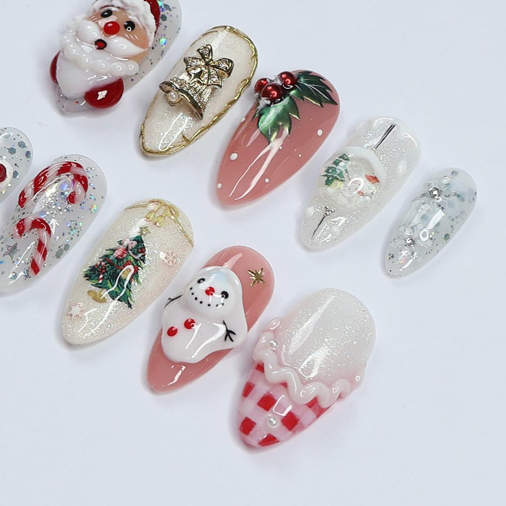 Festive Medium Almond Press-On Nails: Santa Claus, Candy Cane & Christmas Bell Designs - Perfect for Christmas Day Gifts